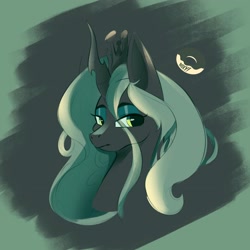 Size: 3272x3272 | Tagged: safe, artist:poxy_boxy, imported from derpibooru, queen chrysalis, alicorn, pony, bust, crown, eye clipping through hair, eyeshadow, female, frown, greenscale, high res, jewelry, lidded eyes, looking at you, looking sideways, makeup, mare, monochrome, ponified, regalia, signature, solo