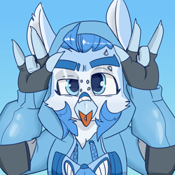 Size: 5000x5000 | Tagged: safe, artist:xasslash, imported from derpibooru, oc, oc only, oc:flynn the icecold, griffon, clothes, gloves, hood, hoodie, male, patch, piercing, respirator, simple background, solo, tongue out, tongue piercing