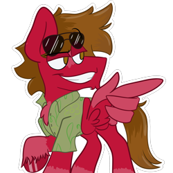 Size: 2800x2800 | Tagged: safe, artist:grandfinaleart, imported from derpibooru, oc, oc:grand finale, pegasus, pony, brown eyes, clothes, digital art, facial hair, hawaiian shirt, pegasus oc, red fur, shirt, simple background, smiling, sunglasses, sunglasses on head, transparent background, unshorn fetlocks