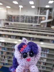 Size: 3000x4000 | Tagged: safe, artist:casquitos kawaii, imported from derpibooru, twilight sparkle, alicorn, pony, amigurumi, bookshelf, crochet, handmade, irl, library, photo, plushie, solo, twilight sparkle (alicorn)