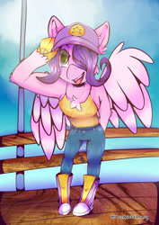 Size: 1280x1805 | Tagged: safe, artist:cozmicgalazy, imported from derpibooru, pipp petals, anthro, pegasus, beach, chest fluff, clothes, converse, fanart, female, g5, hair over one eye, hat, hoof hands, pants, pier, shoes, sneakers, spread wings, summer, summer time, tanktop, wings