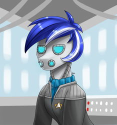 Size: 1500x1600 | Tagged: safe, artist:zachc, imported from derpibooru, oc, oc only, oc:ivislor odzi, cyborg, cyborg pony, pony, bust, clothes, commission, commissioner:iv's, male, portrait, solo, star trek, uniform