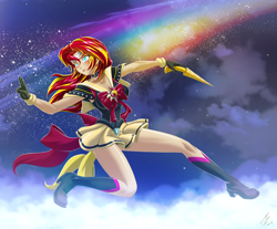 Size: 2266x1879 | Tagged: safe, alternate version, artist:mauroz, imported from derpibooru, part of a set, sunset shimmer, human, equestria girls, anime, boots, clothes, cloud, eyebrows, eyebrows visible through hair, female, high heel boots, high res, sailor uniform, shoes, signature, smiling, solo, stars, uniform