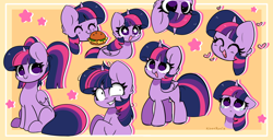 Size: 6274x3223 | Tagged: safe, artist:kittyrosie, imported from derpibooru, twilight sparkle, alicorn, pony, unicorn, ^^, alternate hairstyle, blushing, burger, cute, diabetes, eyes closed, female, floppy ears, food, hay burger, heart, herbivore, kittyrosie is trying to murder us, mare, messy mane, multeity, open mouth, open smile, pigtails, pinpoint eyes, sad, smiling, sparkle sparkle sparkle, starry eyes, teary eyes, that pony sure does love burgers, twiabetes, twilight burgkle, twilight snapple, twilight sparkle (alicorn), twintails, unicorn twilight, upside down, wingding eyes