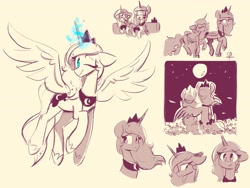 Size: 2000x1500 | Tagged: safe, artist:scribble-potato, imported from derpibooru, izzy moonbow, princess luna, alicorn, pony, unicorn, duo, duo female, female, field, g5, glowing, glowing horn, horn, magic, mare, moon, sketch, stars