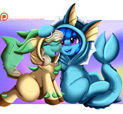 Size: 3509x3250 | Tagged: safe, artist:pridark, imported from derpibooru, oc, oc only, oc:alana, oc:flowheart, goo, goo pony, kelpie, leafeon, original species, pony, vaporeon, clothes, costume, eyes closed, kigurumi, open mouth, open smile, pokémon, smiling, tongue out