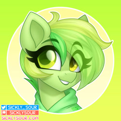 Size: 894x894 | Tagged: safe, artist:sickly-sour, imported from derpibooru, oc, oc only, pony, bust, clothes, eye clipping through hair, eyebrows, eyebrows visible through hair, hoodie, looking at you, smiling, smiling at you, solo