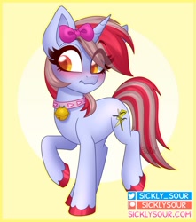 Size: 1000x1133 | Tagged: safe, artist:sickly-sour, imported from derpibooru, oc, oc only, oc:cinnamon lightning, pony, unicorn, bell, bell collar, blushing, bow, collar, eye clipping through hair, eyebrows, eyebrows visible through hair, hair bow, solo, wavy mouth