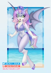 Size: 970x1388 | Tagged: safe, artist:sickly-sour, imported from derpibooru, oc, oc only, anthro, bat pony, unguligrade anthro, bat pony oc, beach, breasts, clothes, eye clipping through hair, eyebrows, eyebrows visible through hair, smiling, solo, spread wings, swimsuit, wings