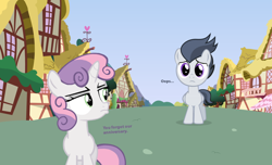 Size: 1636x992 | Tagged: safe, artist:lunaticdawn, imported from derpibooru, rumble, sweetie belle, pegasus, pony, unicorn, caption, colt, female, filly, foal, looking back, male, ponyville, pouting, pouty lips, rumbelle, sad, shipping, straight, text