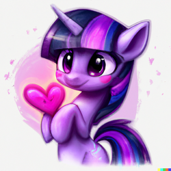 Size: 1024x1024 | Tagged: safe, imported from derpibooru, twilight sparkle, pony, unicorn, ai content, ai generated, bipedal, blushing, cute, female, generator:dall-e 2, heart, hoof hold, mare, smiling, solo, twiabetes, unicorn twilight