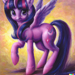 Size: 1024x1024 | Tagged: safe, imported from derpibooru, twilight sparkle, alicorn, pony, ai content, ai generated, alternate hairstyle, generator:dall-e 2, painting, solo, twilight sparkle (alicorn)