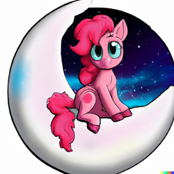 Size: 1024x1024 | Tagged: safe, imported from derpibooru, pinkie pie, pony, ai content, ai generated, alternate hairstyle, generator:dall-e 2, moon, simple background, sitting, solo, tangible heavenly object, white background