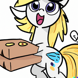 Size: 1024x1024 | Tagged: safe, imported from derpibooru, oc, oc only, earth pony, pony, ai content, ai generated, bipedal, generator:dall-e 2, open mouth, pizza box, simple background, solo, white background