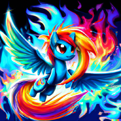 Size: 1024x1024 | Tagged: safe, imported from derpibooru, rainbow dash, pegasus, pony, ai content, ai generated, female, fire, flying, generator:dall-e 2, mare, solo, spread wings, wings