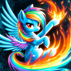 Size: 1024x1024 | Tagged: safe, imported from derpibooru, rainbow dash, pegasus, pony, ai content, ai generated, colored wings, female, fire, flying, generator:dall-e 2, looking at you, mare, multicolored wings, solo, spread wings, wings