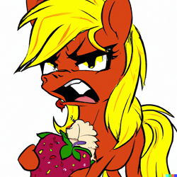 Size: 1024x1024 | Tagged: safe, imported from derpibooru, applejack, pony, ai content, ai generated, alternate hairstyle, angry, food, generator:dall-e 2, simple background, solo, strawberry, white background