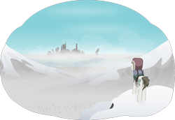 Size: 2731x1881 | Tagged: safe, artist:equestriaexploration, imported from derpibooru, lucky breaks, pony, atg 2022, city, cityscape, hat, newbie artist training grounds, saddle, scenery, simple background, snow, solo, tack, transparent background