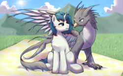 Size: 4034x2480 | Tagged: artist needed, source needed, safe, imported from derpibooru, oc, griffon, pony, unicorn, looking at each other, looking at someone, wings