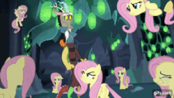 Size: 640x360 | Tagged: safe, imported from derpibooru, screencap, discord, fluttershy, changeling, draconequus, pegasus, pony, season 6, to where and back again, animated, changeling hive, crying, crying flutterlings, disguise, disguised changeling, eyes closed, female, floppy ears, flying, gif, gifs.com, male, mare, multeity, open mouth, so much flutter, spread wings, wings