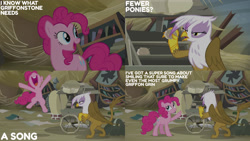 Size: 1280x720 | Tagged: safe, edit, edited screencap, editor:quoterific, imported from derpibooru, screencap, gilda, pinkie pie, earth pony, griffon, pony, season 5, the lost treasure of griffonstone, bipedal, duo, female, mare, nose in the air, open mouth, open smile, smiling, text