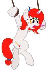 Size: 395x600 | Tagged: safe, artist:equestria secret guard, imported from derpibooru, oc, oc only, oc:shallow light, pony, unicorn, armpits, bondage, crying, female, frown, horn, horn ring, jewelry, magic suppression, mare, open mouth, ring, rope, scared, simple background, solo, tail, tail ring, transparent background, unicorn oc