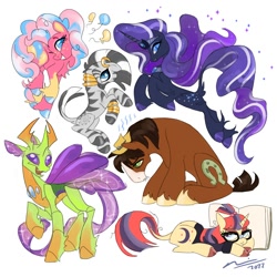 Size: 2000x2000 | Tagged: safe, artist:creeate97, imported from derpibooru, moondancer, nightmare rarity, pinkie pie, thorax, trouble shoes, zecora, changedling, changeling, earth pony, pony, unicorn, zebra, female, frown, grin, group, high res, insect wings, king thorax, looking at you, male, mare, open mouth, sextet, simple background, sitting, smiling, spread wings, stallion, unshorn fetlocks, white background, wings