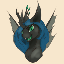 Size: 2000x2000 | Tagged: safe, artist:tenebrisnoctus, imported from derpibooru, queen chrysalis, changeling, changeling queen, atg 2022, bust, fangs, female, high res, looking at you, newbie artist training grounds, open mouth, open smile, simple background, sinister smile, smiling, solo, spread wings, wings, yellow background