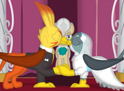 Size: 3527x2590 | Tagged: safe, artist:porygon2z, imported from derpibooru, gabby, mayor mare, oc, oc:blaze, earth pony, griffon, pony, blabby, canon x oc, eyes closed, female, kissing, male, marriage, trio, wedding