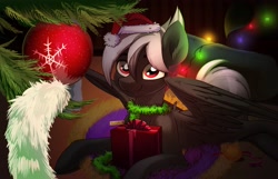 Size: 3328x2145 | Tagged: safe, artist:taneysha, imported from derpibooru, oc, oc only, pegasus, pony, christmas, christmas lights, christmas tree, hat, holiday, looking at you, ornament, present, santa hat, snow, snowflake, solo, string lights, tree