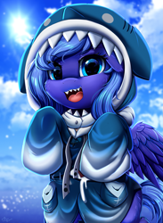 Size: 2601x3549 | Tagged: safe, artist:pridark, imported from derpibooru, princess luna, alicorn, pony, gamer luna, animal costume, bipedal, costume, female, filly, gawr gura, hololive, hololive eng, shark costume, sharp teeth, solo, teeth, vtuber, wings, woona, younger