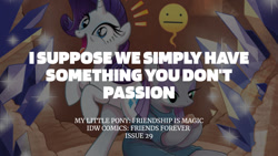 Size: 1280x720 | Tagged: safe, edit, editor:quoterific, idw, imported from derpibooru, maud pie, rarity, earth pony, pony, unicorn, friends forever, spoiler:comic, :i, duo, female, mare, open mouth, open smile, smiling, text