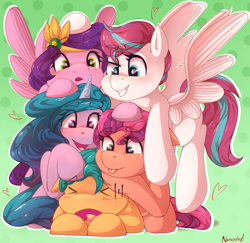 Size: 1954x1898 | Tagged: safe, artist:nanazdina, imported from derpibooru, hitch trailblazer, izzy moonbow, pipp petals, sunny starscout, zipp storm, earth pony, pegasus, pony, unicorn, >.<, ><, eyebrows, eyebrows visible through hair, eyes closed, female, g5, hitch trailblazer gets all the mares, ibispaint x, male, mane five (g5), mare, open mouth, pony pile, stallion