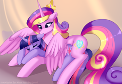 Size: 2739x1872 | Tagged: safe, artist:xjenn9, imported from derpibooru, princess cadance, twilight sparkle, alicorn, pony, unicorn, biting, cuddling, duo, duo female, ear bite, female, floppy ears, lesbian, mare, nom, shipping, sisters-in-law, twidance, unicorn twilight