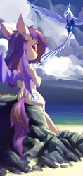 Size: 1595x3371 | Tagged: safe, artist:blue ink, imported from derpibooru, oc, oc only, oc:sunset cloudy, bat pony, phoenix, pony, beach, clothes, colored wings, ears back, facing away, female, glasses off, looking at you, looking back, looking back at you, mare, ocean, one-piece swimsuit, partially open wings, phone wallpaper, red eyes, rock, sitting, solo, swimsuit, tail, two toned mane, two toned tail, water, wings