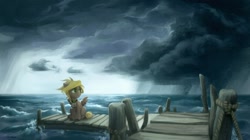 Size: 1280x719 | Tagged: safe, artist:jewellier, imported from derpibooru, oc, oc only, oc:pisces spice, pegasus, pony, cloud, ocean, oda 997, pier, rain, scenery, solo, water