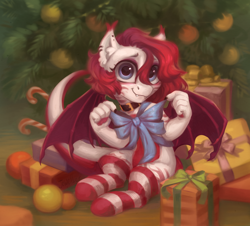 Size: 2700x2446 | Tagged: safe, artist:jewellier, imported from derpibooru, oc, oc only, bat pony, pony, bow, candy, candy cane, christmas, christmas tree, claws, clothes, collar, fangs, food, holiday, looking at you, paws, present, ribbon, smiling, smiling at you, socks, solo, striped socks, tree