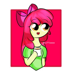 Size: 1280x1280 | Tagged: safe, artist:adelia122425471, imported from derpibooru, apple bloom, human, equestria girls, abstract background, coffee, cup, female, no nose, solo