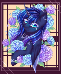 Size: 2900x3500 | Tagged: safe, artist:rainbowmoon2512, imported from derpibooru, princess luna, alicorn, pony, beautiful, blue eyes, blue mane, bust, chest fluff, collaboration, digital art, ethereal mane, eyelashes, female, flower, folded wings, horn, looking at you, mare, smiling, smiling at you, solo, sparkles, starry mane, stars, wings