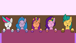 Size: 1920x1080 | Tagged: safe, artist:platinumdrop, imported from derpibooru, hitch trailblazer, izzy moonbow, pipp petals, sunny starscout, zipp storm, earth pony, pegasus, pony, unicorn, eyes closed, female, g5, group, lying down, male, mane five (g5), mare, on back, open mouth, quintet, sleeping, sleepover, smiling, stallion