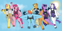 Size: 1280x640 | Tagged: safe, artist:decemberwinterwolf, imported from derpibooru, applejack, fluttershy, pinkie pie, rainbow dash, rarity, twilight sparkle, alicorn, anthro, alicorn six, alicornified, applecorn, clothes, eyes closed, fluttercorn, flying, hooves, jetpack, leotard, mane six, open mouth, pinkiecorn, race swap, rainbowcorn, raricorn, sky, sky background, smiling, smirk, twilight sparkle (alicorn), xk-class end-of-the-world scenario