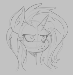 Size: 675x692 | Tagged: safe, artist:reiduran, imported from derpibooru, pony, unicorn, bust, female, gray background, grayscale, horn, mare, monochrome, portrait, simple background, solo, unamused