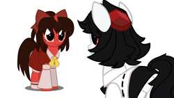 Size: 3280x1845 | Tagged: safe, artist:kusochekcat, imported from derpibooru, pony, butt, clothes, crossover, danmaku is magic, duo, female, hakurei reimu, mare, plot, ponified, shameimaru aya, simple background, skirt, touhou, white background