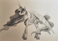 Size: 3563x2508 | Tagged: safe, artist:cahandariella, imported from derpibooru, princess celestia, alicorn, pony, concave belly, crown, horn, jewelry, monochrome, pencil drawing, regalia, slim, solo, sternocleidomastoid, thin, traditional art, wings