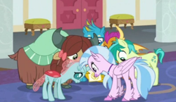 Size: 790x458 | Tagged: safe, edit, edited screencap, imported from derpibooru, screencap, gallus, ocellus, sandbar, silverstream, smolder, yona, changeling, classical hippogriff, dragon, earth pony, griffon, hippogriff, pony, yak, friendship university, butt, cropped, looking down, plot, student six