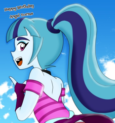 Size: 1580x1695 | Tagged: source needed, safe, artist:smoker, imported from derpibooru, sonata dusk, human, equestria girls, clothes, evening gloves, female, fingerless elbow gloves, fingerless gloves, gloves, happy birthday, long gloves, open mouth, sidemouth, sky background, solo