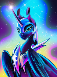 Size: 2048x2732 | Tagged: safe, artist:anekomori, imported from derpibooru, nightmare moon, alicorn, pony, beautiful, blue eyes, blue mane, colored pupils, constellation, digital art, ear fluff, ethereal mane, eyelashes, feather, female, flowing mane, folded wings, glowing, helmet, high res, horn, long horn, looking at you, magic, majestic, mare, night, peytral, signature, solo, sparkles, starry mane, stars, vaporwave, wings