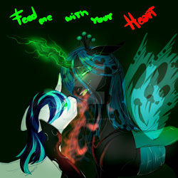 Size: 1280x1280 | Tagged: safe, artist:damascaseliads, imported from derpibooru, queen chrysalis, shining armor, changeling, changeling queen, pony, unicorn, black background, changeling feeding, clothes, crown, curved horn, deviantart watermark, digital art, eyelashes, female, glowing, glowing eyes, glowing horn, green eyes, green mane, horn, hypnosis, hypnotized, jewelry, looking at each other, looking at someone, magic, male, obtrusive watermark, open mouth, regalia, see-through, simple background, smiling, smiling at each other, stallion, teeth, watermark, wings