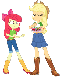 Size: 2519x3190 | Tagged: safe, artist:gmaplay, imported from derpibooru, apple bloom, applejack, human, equestria girls, apple bloom's bow, apple cider, applejack's hat, boots, bow, cake, clothes, cowboy boots, cowboy hat, denim, duo, duo female, female, food, hair bow, hat, jeans, pants, shoes, simple background, skirt, transparent background