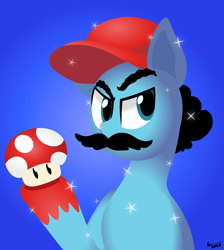 Size: 1980x2213 | Tagged: safe, artist:isaac_pony, idw, imported from derpibooru, crystal pony, earth pony, pony, friends forever, spoiler:comic, cap, crossover, facial hair, hat, mario, mario's hat, moustache, ponified, solo, super mario bros.